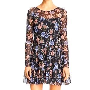 Black Floral Long Sleeve Sheer Above Knee A-Line Dress NEW